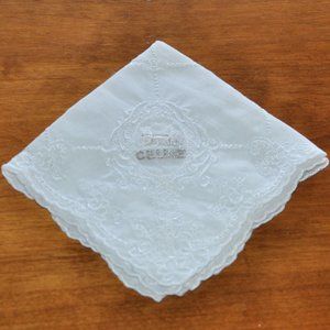 New Vintage Celine White Silk Handkerchief Embroidered Scalloped Edges Square